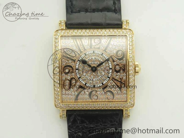 Upgraded Master Square RG Ladies GF 1:1 Best Edition Full Paved Diamonds On Black Leather Strap Swiss Quartz 6592