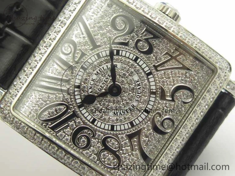 Master Square SS Ladies GF 1:1 Best Edition Full Paved Diamonds On Black Leather Strap Swiss Quartz Timeless 6595