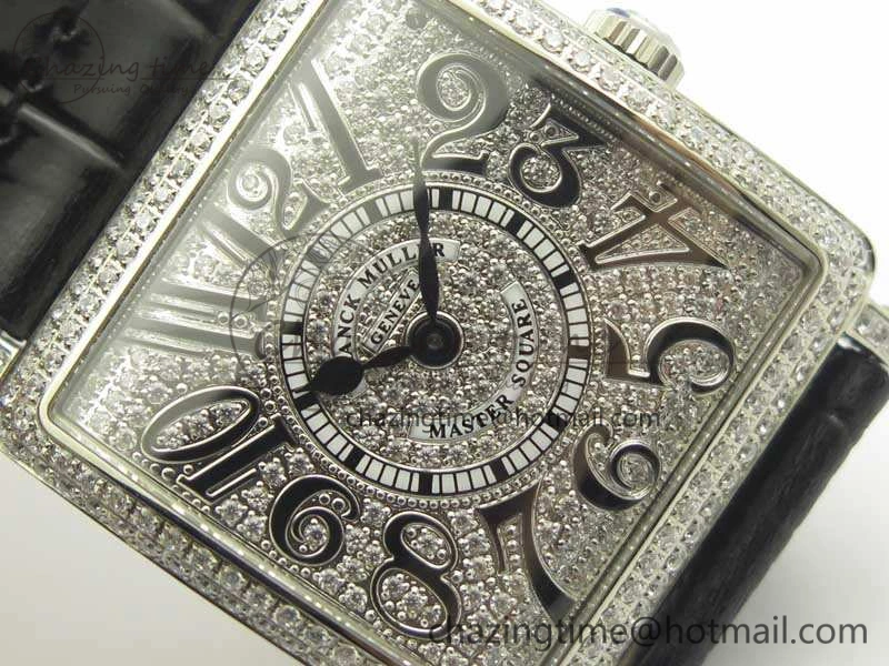 Master Square SS Ladies GF 1:1 Best Edition Full Paved Diamonds On Black Leather Strap Swiss Quartz Timeless 6595
