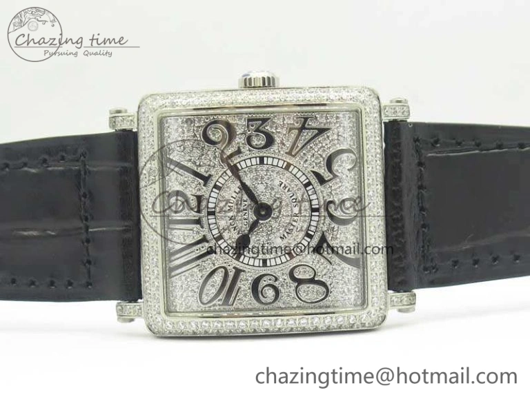 Master Square SS Ladies GF 1:1 Best Edition Full Paved Diamonds On Black Leather Strap Swiss Quartz Timeless 6595