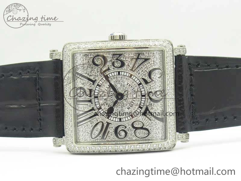 Master Square SS Ladies GF 1:1 Best Edition Full Paved Diamonds On Black Leather Strap Swiss Quartz Timeless 6595