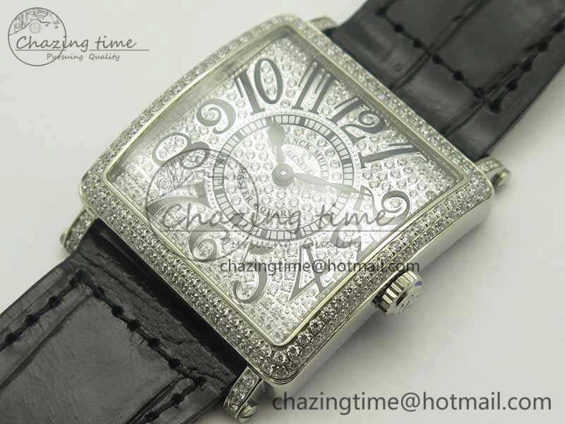 Master Square SS Ladies GF 1:1 Best Edition Full Paved Diamonds On Black Leather Strap Swiss Quartz Timeless 6595