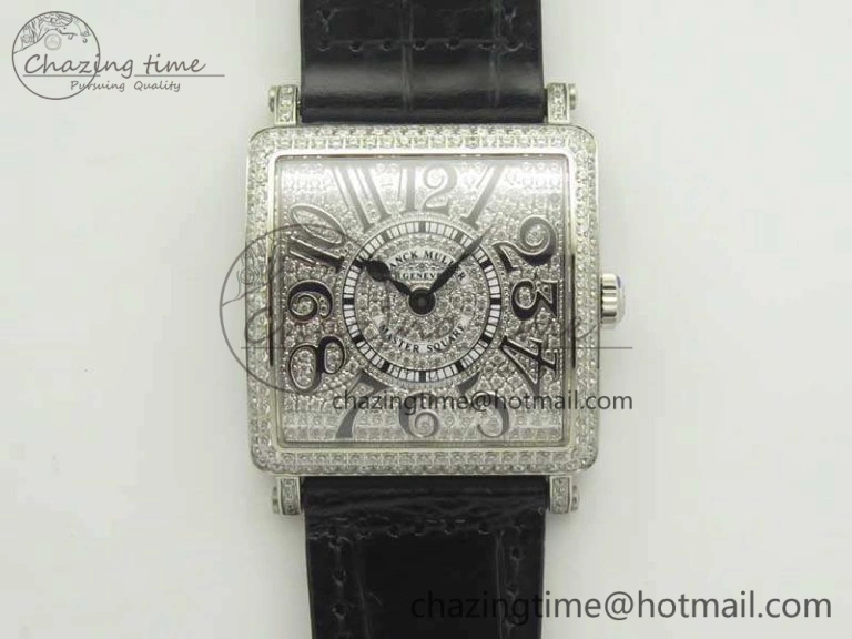 Master Square SS Ladies GF 1:1 Best Edition Full Paved Diamonds On Black Leather Strap Swiss Quartz Timeless 6595