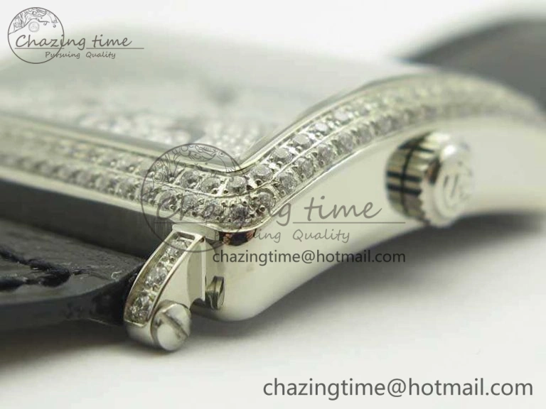 Master Square SS Ladies GF 1:1 Best Edition Full Paved Diamonds On Black Leather Strap Swiss Quartz Timeless 6595