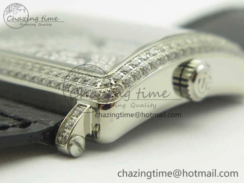 Master Square SS Ladies GF 1:1 Best Edition Full Paved Diamonds On Black Leather Strap Swiss Quartz Timeless 6595