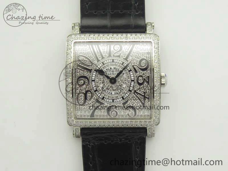 Master Square SS Ladies GF 1:1 Best Edition Full Paved Diamonds On Black Leather Strap Swiss Quartz Timeless 6595