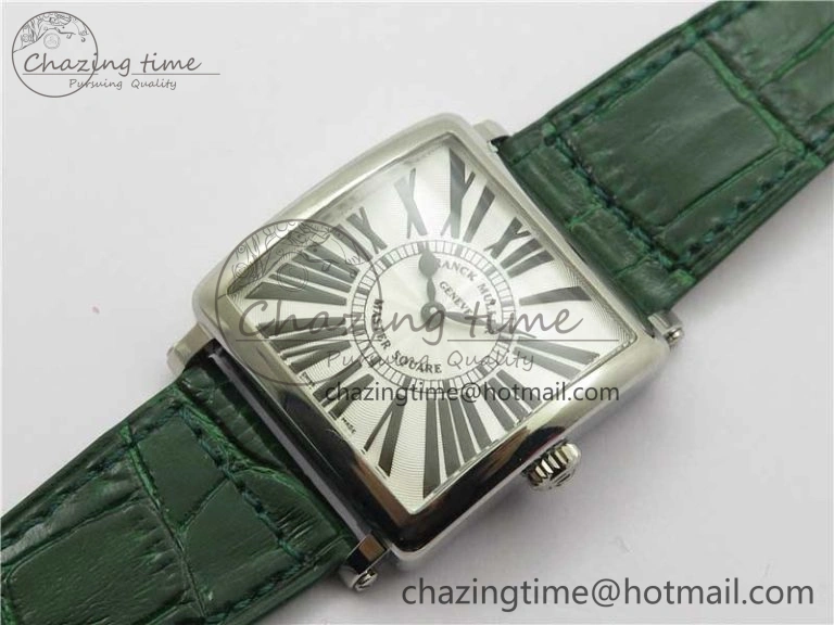 Master Square SS Ladies ZF 1:1 Best Edition White Black Roman Dial on Green Leather Strap Ronda Quartz Soft 10373