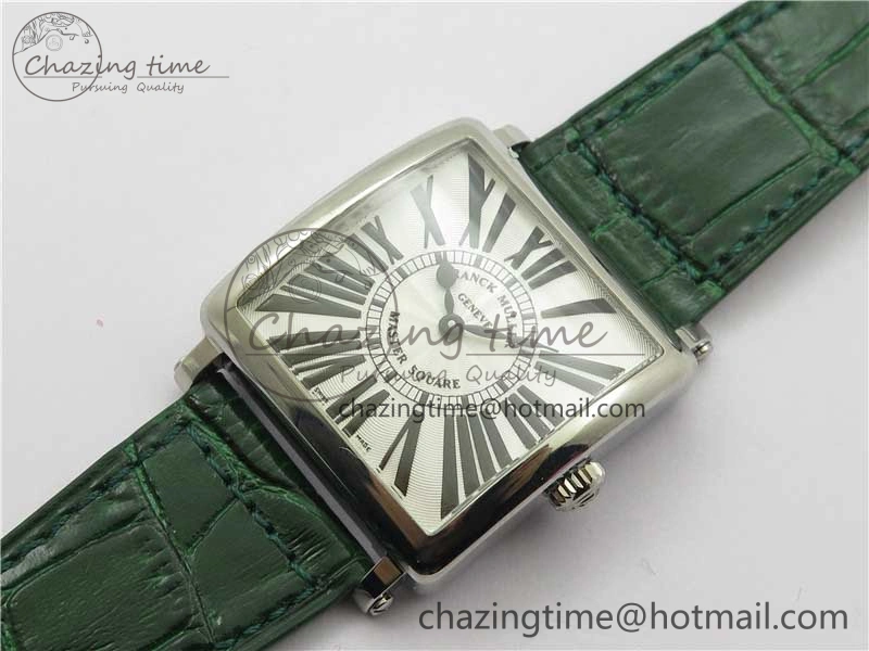 Master Square SS Ladies ZF 1:1 Best Edition White Black Roman Dial on Green Leather Strap Ronda Quartz Soft 10373