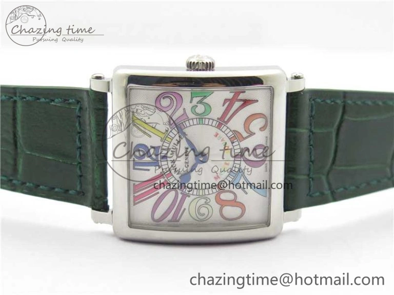 Master Square SS Ladies ZF 1:1 Best Edition White  Arabic Dial on Green Leather Strap Ronda Quartz Comfortable 6544