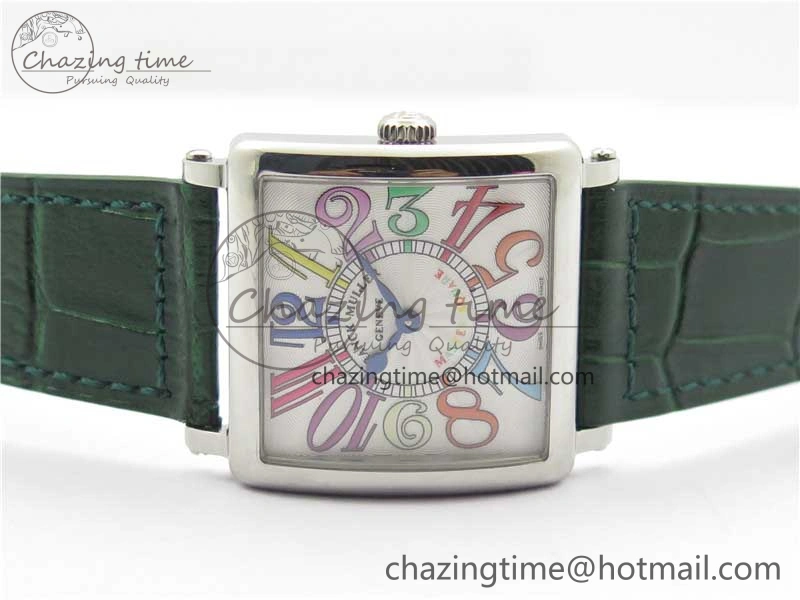 Master Square SS Ladies ZF 1:1 Best Edition White  Arabic Dial on Green Leather Strap Ronda Quartz Comfortable 6544