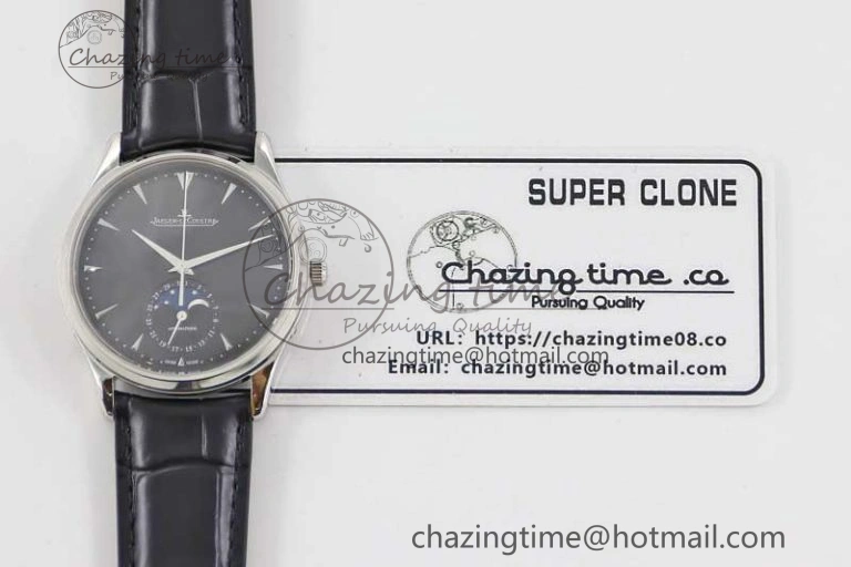 WrinkleFree Master Ultra Thin Moon 1368470 SS Q8F 1:1 Best Edition Black Dial on Black Leather Strap A 7433