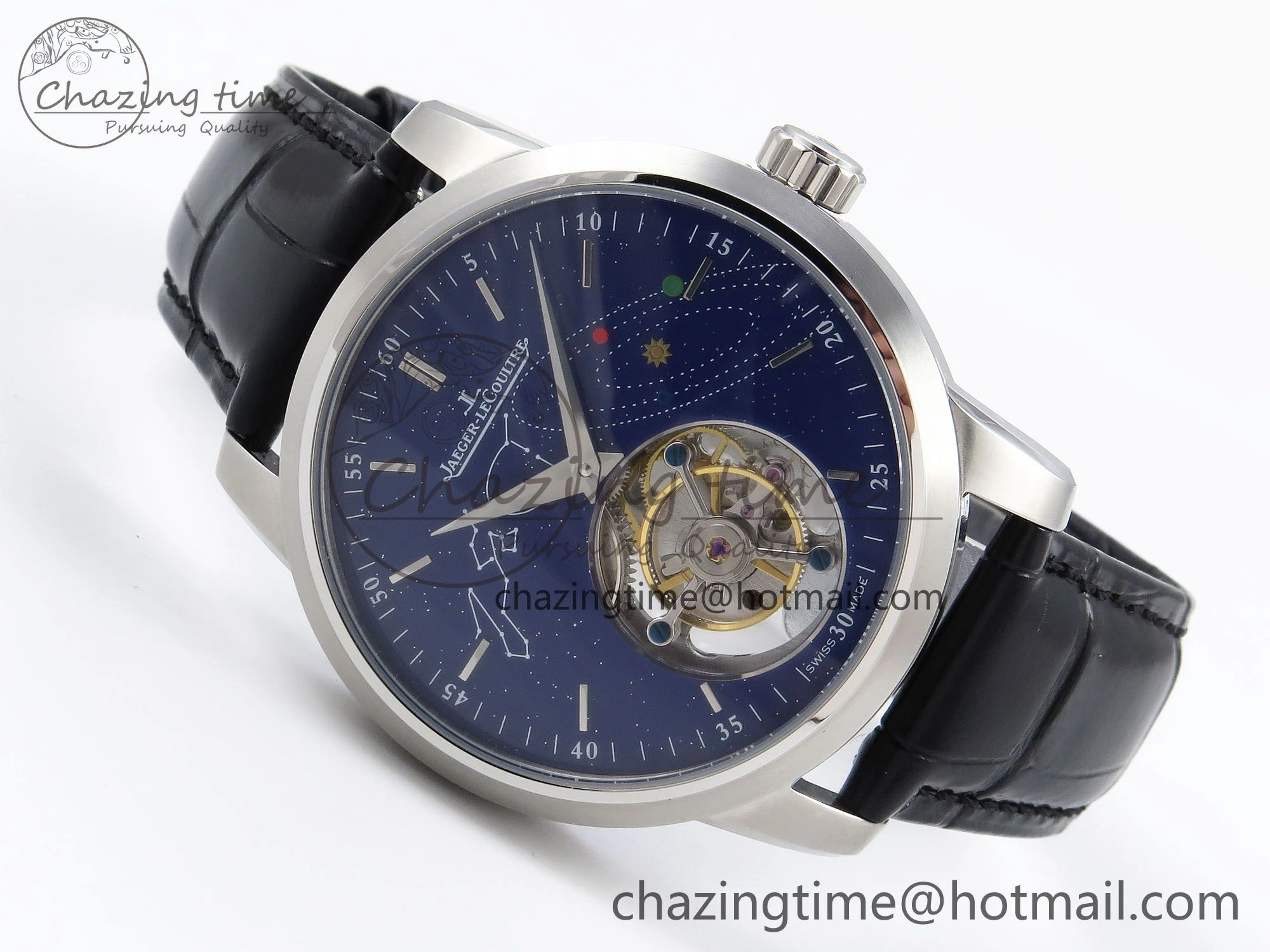 Upgraded Master Ultra Thin Tourbillon SS RMS Best Edition Blue Solar System Dial on Black Leather Strap 7407