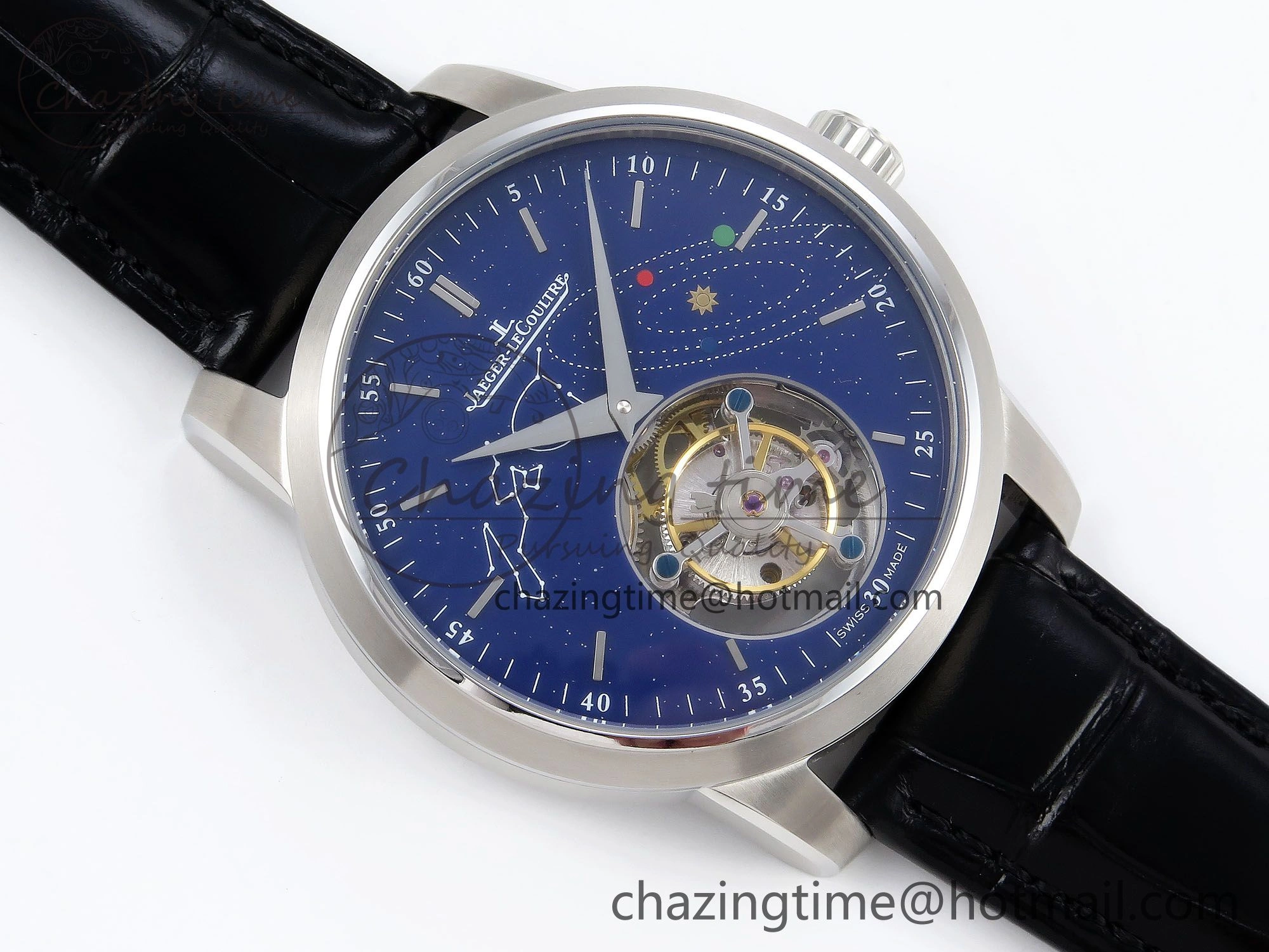 Upgraded Master Ultra Thin Tourbillon SS RMS Best Edition Blue Solar System Dial on Black Leather Strap 7407