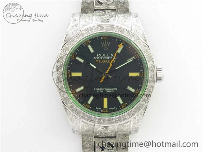 Affordable Milgauss 116400 904L Engraved SS DJF 11 Best Edition Black Dial on 904L Engraved SS Bracelet A2836 (Real Green Sapphire Crystal) 3066