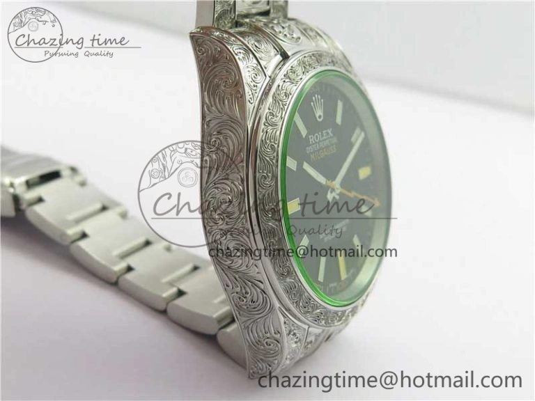 Affordable Milgauss 116400 904L Engraved SS DJF 11 Best Edition Black Dial on 904L Engraved SS Bracelet A2836 (Real Green Sapphire Crystal) 3066