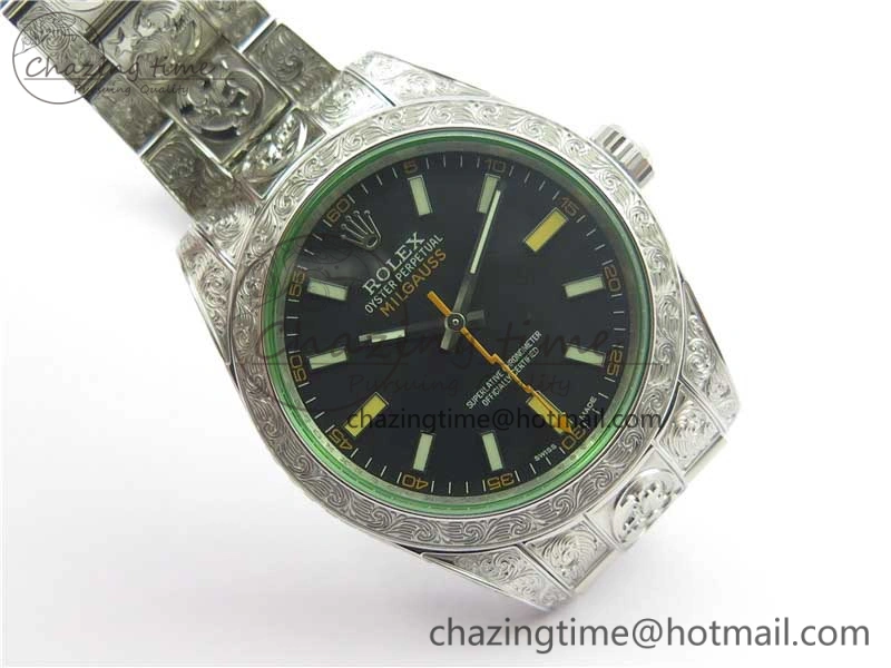 Affordable Milgauss 116400 904L Engraved SS DJF 11 Best Edition Black Dial on 904L Engraved SS Bracelet A2836 (Real Green Sapphire Crystal) 3066
