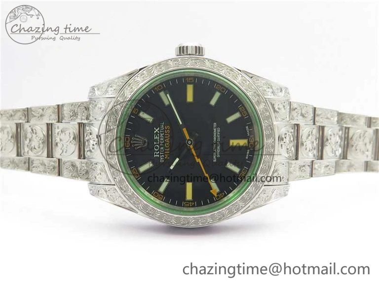 Affordable Milgauss 116400 904L Engraved SS DJF 11 Best Edition Black Dial on 904L Engraved SS Bracelet A2836 (Real Green Sapphire Crystal) 3066