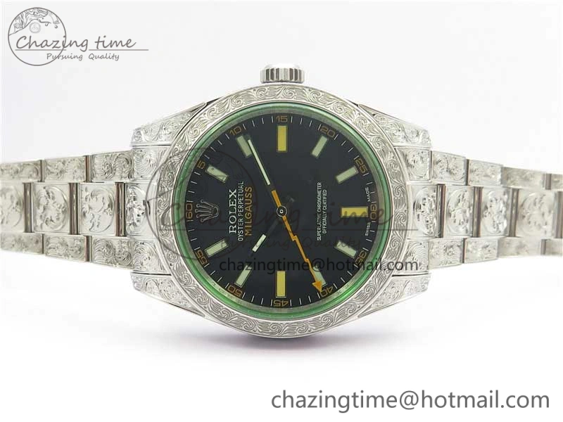 Affordable Milgauss 116400 904L Engraved SS DJF 11 Best Edition Black Dial on 904L Engraved SS Bracelet A2836 (Real Green Sapphire Crystal) 3066