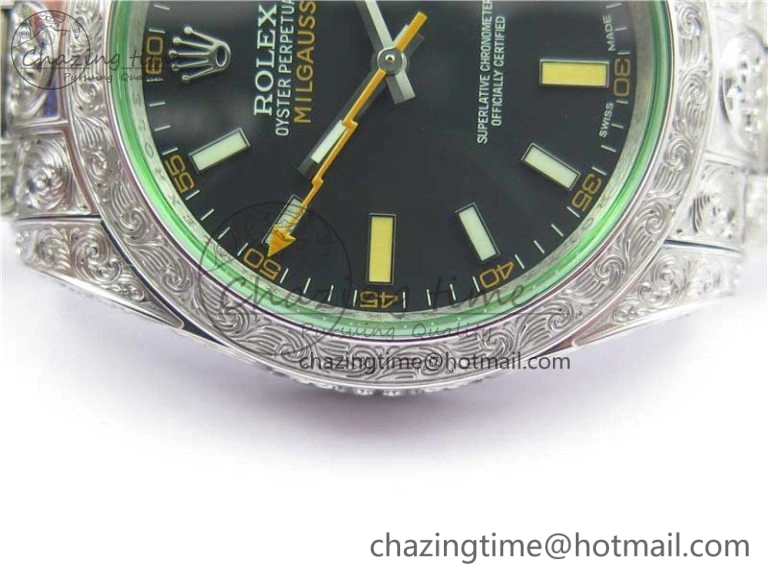 Affordable Milgauss 116400 904L Engraved SS DJF 11 Best Edition Black Dial on 904L Engraved SS Bracelet A2836 (Real Green Sapphire Crystal) 3066