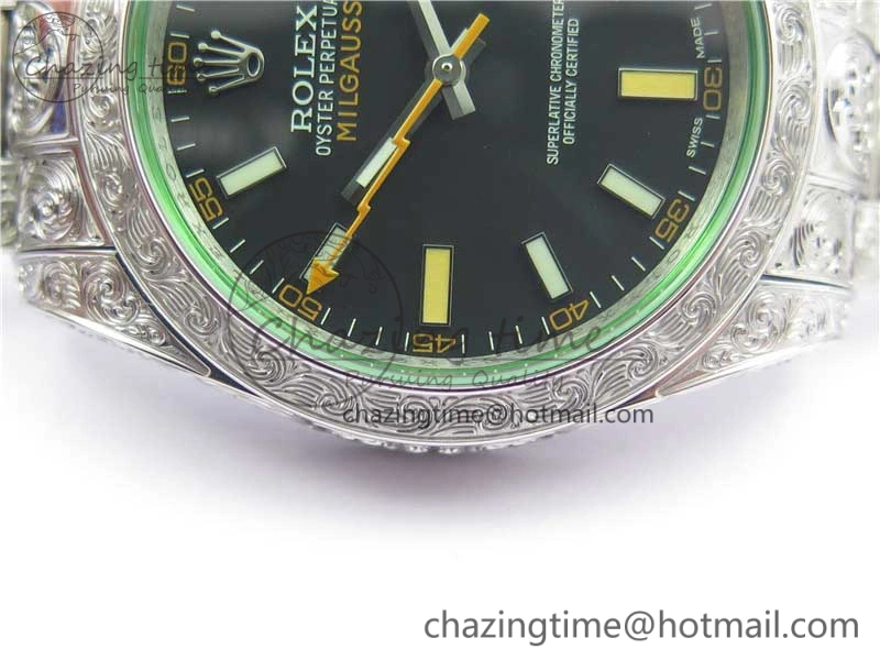 Affordable Milgauss 116400 904L Engraved SS DJF 11 Best Edition Black Dial on 904L Engraved SS Bracelet A2836 (Real Green Sapphire Crystal) 3066