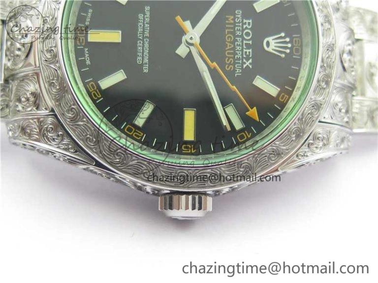 Affordable Milgauss 116400 904L Engraved SS DJF 11 Best Edition Black Dial on 904L Engraved SS Bracelet A2836 (Real Green Sapphire Crystal) 3066