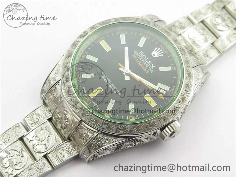 Affordable Milgauss 116400 904L Engraved SS DJF 11 Best Edition Black Dial on 904L Engraved SS Bracelet A2836 (Real Green Sapphire Crystal) 3066