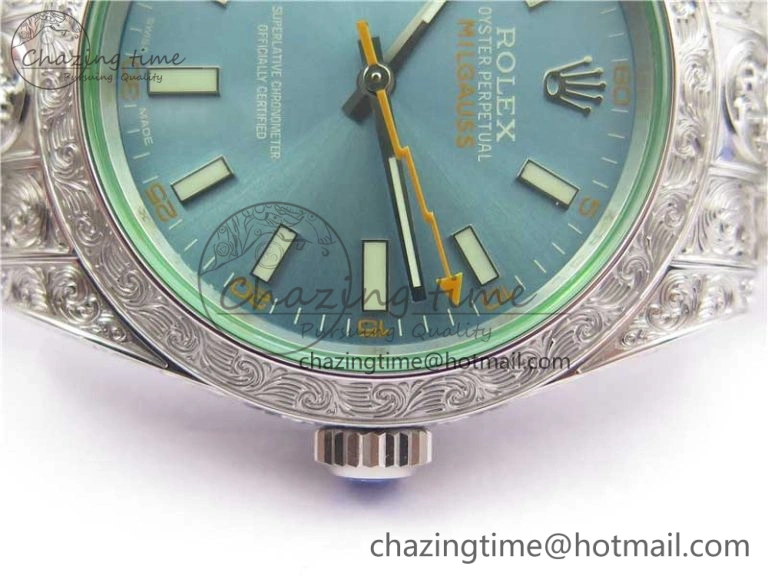 Classic Milgauss 116400 904L Engraved SS DJF 11 Best Edition Blue Dial on 904L Engraved SS Bracelet A2836 (Real Green Sapphire Crystal) 3068