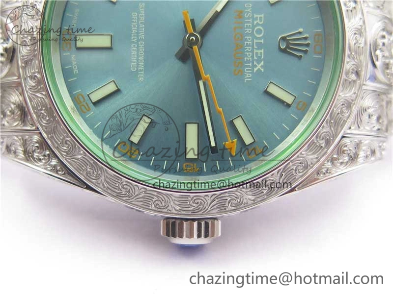 Classic Milgauss 116400 904L Engraved SS DJF 11 Best Edition Blue Dial on 904L Engraved SS Bracelet A2836 (Real Green Sapphire Crystal) 3068
