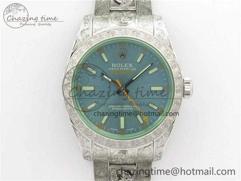 Classic Milgauss 116400 904L Engraved SS DJF 11 Best Edition Blue Dial on 904L Engraved SS Bracelet A2836 (Real Green Sapphire Crystal) 3068