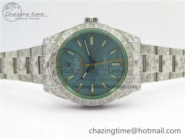Classic Milgauss 116400 904L Engraved SS DJF 11 Best Edition Blue Dial on 904L Engraved SS Bracelet A2836 (Real Green Sapphire Crystal) 3068