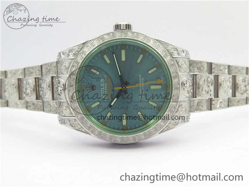 Classic Milgauss 116400 904L Engraved SS DJF 11 Best Edition Blue Dial on 904L Engraved SS Bracelet A2836 (Real Green Sapphire Crystal) 3068
