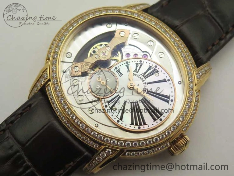 GoAnywhere Millennium Series 15350 RG V9F 1:1 Best Edition Diamonds Bezel White Dial Black Markers on Brown Leather Strap A 4932