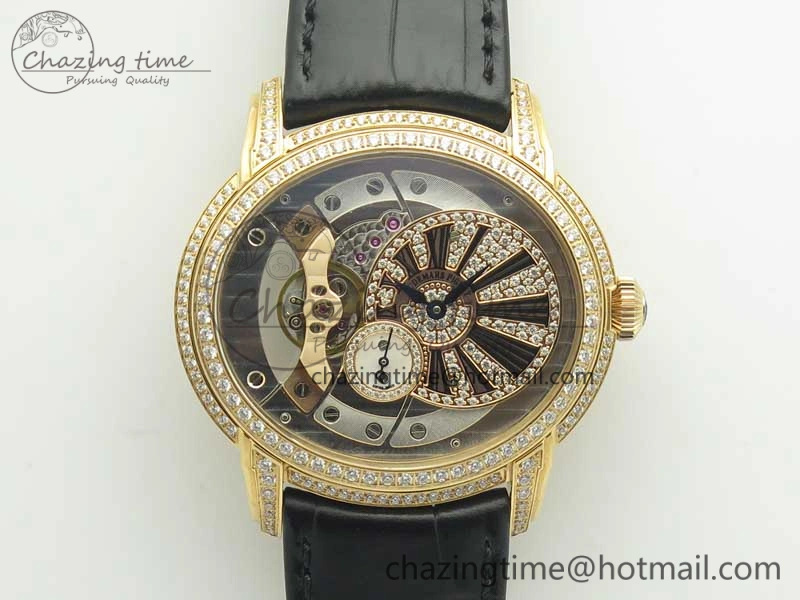 Timeless Millennium Series 15350 RG V9F 1:1 Best Edition Full Diamonds Black Markers on Black Leather Strap A 4931