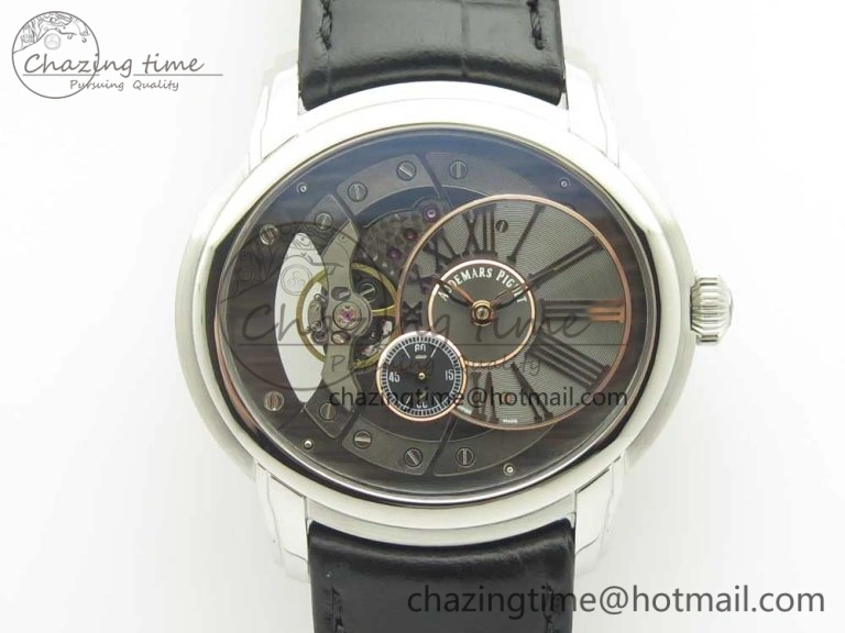 Youthful Millennium Series 15350 SS V9F 1:1 Best Edition Black Skeleton Dial on Black Leather Strap A 4894