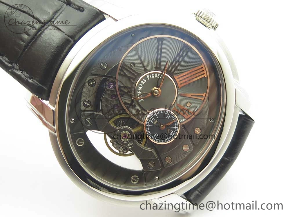 Youthful Millennium Series 15350 SS V9F 1:1 Best Edition Black Skeleton Dial on Black Leather Strap A 4894