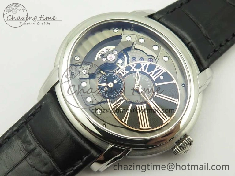 Youthful Millennium Series 15350 SS V9F 1:1 Best Edition Black Skeleton Dial on Black Leather Strap A 4894