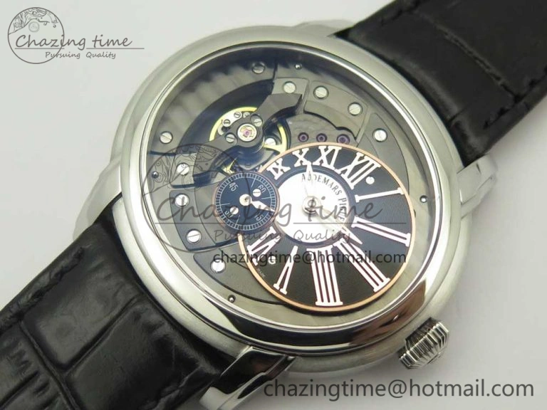Millennium Series 15350 SS V9F 1:1 Best Edition Black White Skeleton Dial on Black Leather Strap A StreetReady 4895
