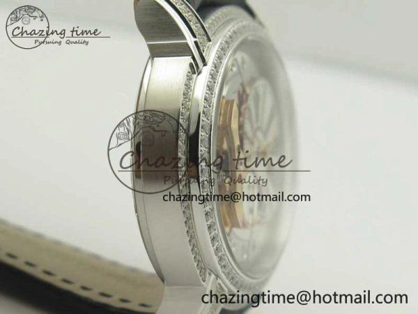 HighQuality Millennium Series 15350 SS V9F 1:1 Best Edition Diamonds Bezel White Dial RG Markers on Black Leather Strap A 4925