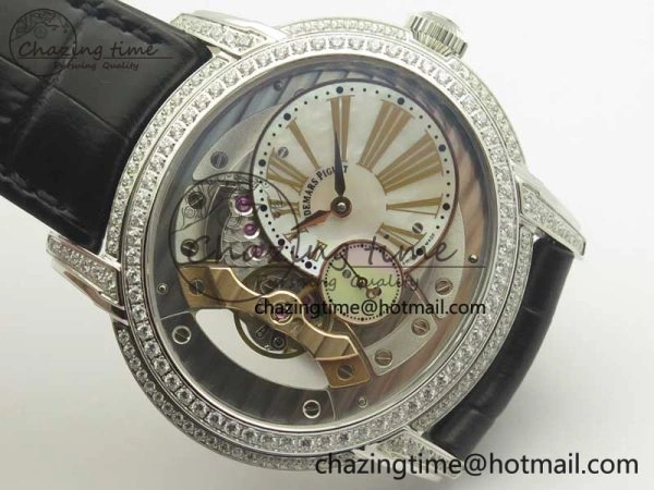 HighQuality Millennium Series 15350 SS V9F 1:1 Best Edition Diamonds Bezel White Dial RG Markers on Black Leather Strap A 4925
