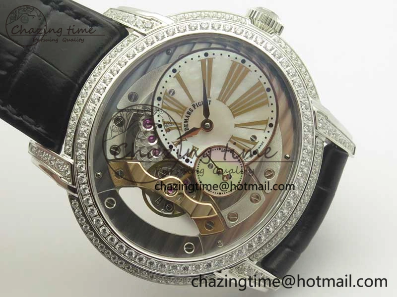 HighQuality Millennium Series 15350 SS V9F 1:1 Best Edition Diamonds Bezel White Dial RG Markers on Black Leather Strap A 4925