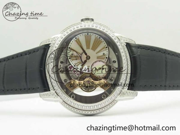HighQuality Millennium Series 15350 SS V9F 1:1 Best Edition Diamonds Bezel White Dial RG Markers on Black Leather Strap A 4925