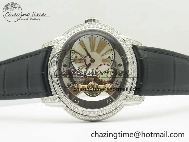 HighQuality Millennium Series 15350 SS V9F 1:1 Best Edition Diamonds Bezel White Dial RG Markers on Black Leather Strap A 4925