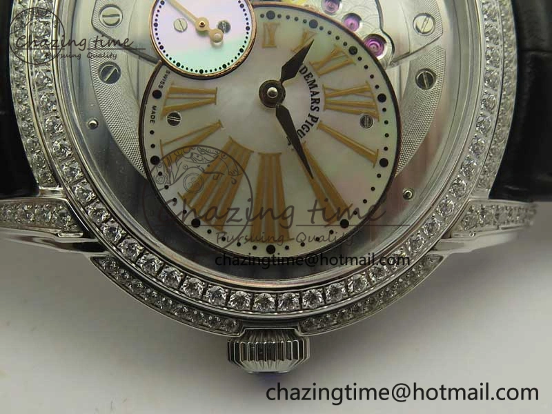 HighQuality Millennium Series 15350 SS V9F 1:1 Best Edition Diamonds Bezel White Dial RG Markers on Black Leather Strap A 4925
