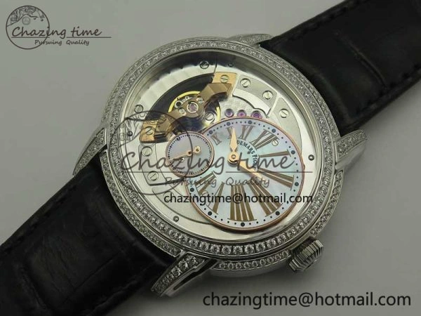 HighQuality Millennium Series 15350 SS V9F 1:1 Best Edition Diamonds Bezel White Dial RG Markers on Black Leather Strap A 4925