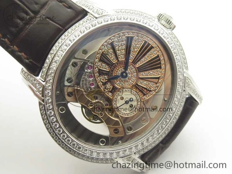 Millennium Series 15350 SS V9F 1:1 Best Edition Full Diamonds Black Markers on Brown Leather Strap A TimelessDesign 4924