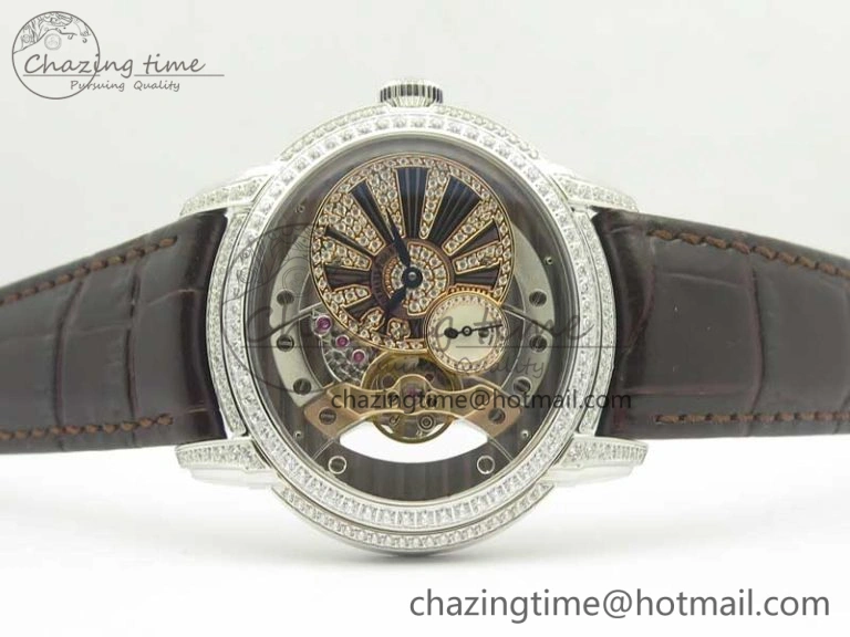 Millennium Series 15350 SS V9F 1:1 Best Edition Full Diamonds Black Markers on Brown Leather Strap A TimelessDesign 4924