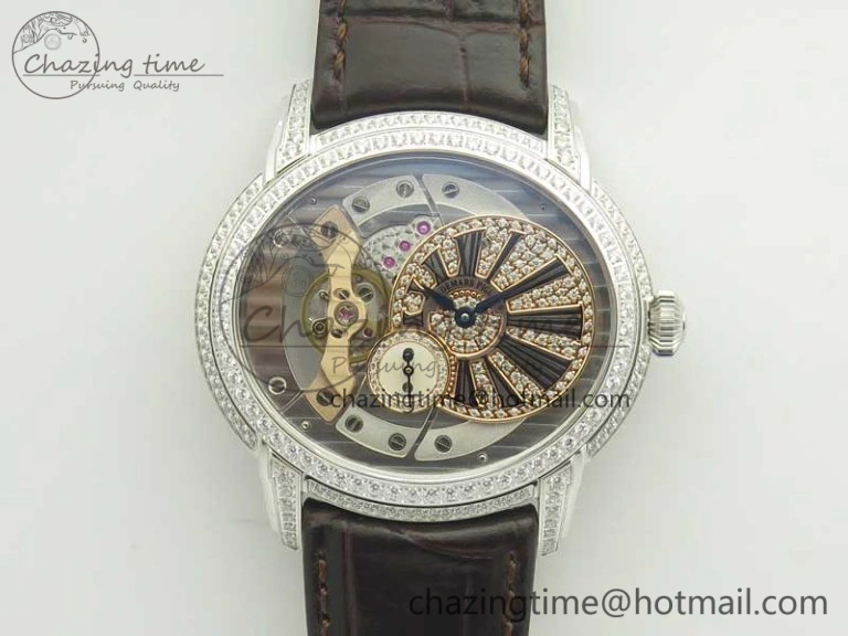 Millennium Series 15350 SS V9F 1:1 Best Edition Full Diamonds Black Markers on Brown Leather Strap A TimelessDesign 4924
