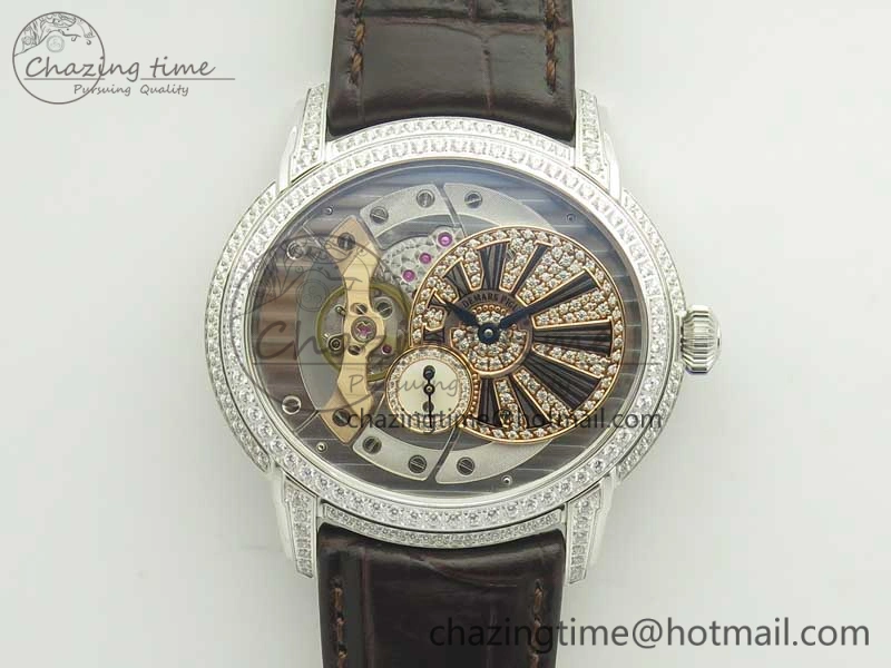 Millennium Series 15350 SS V9F 1:1 Best Edition Full Diamonds Black Markers on Brown Leather Strap A TimelessDesign 4924
