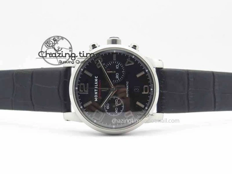 Montblanc Timewalker Chrono SS Black Dial Red 30 Sub Dial On Leather Strap A EasyMatch 7624