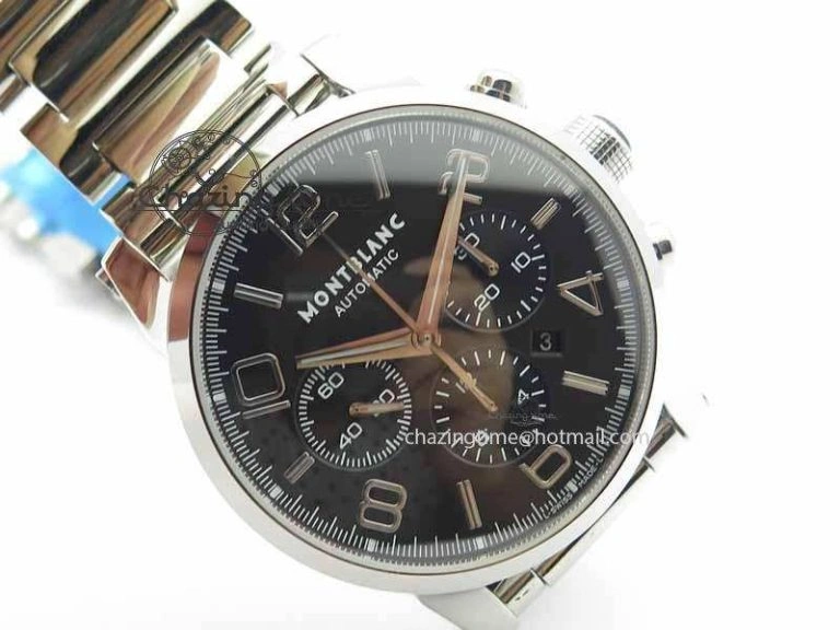 QuickDry Montblanc Timewalker Chrono SS Black Dial Silver Numerals On SS Bracelet A 7613